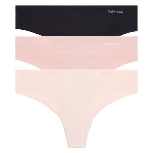 Calvin Klein Invisibles Seamless Thong Panties, 3 Pack, Black W. Smoke Logo/Subdued W. Ivory Logo/Prairie Peach, Medium