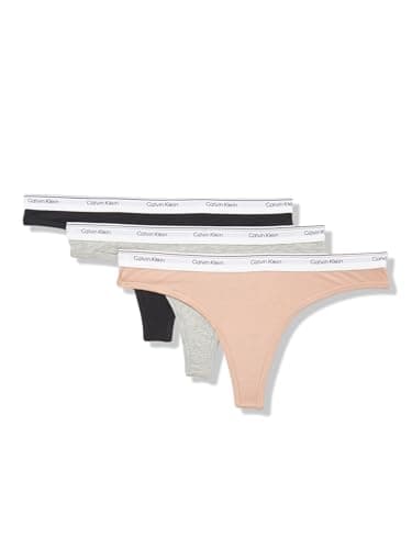 Calvin Klein Women's Balance Cotton Stretch Thong Panties, 3 Pack, Black/Cedar/Grey Heather, Large