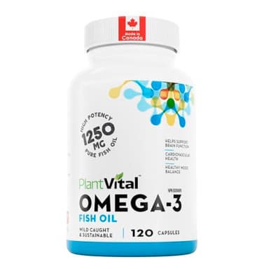 PlantVital Omega 3 - Made in Canada - Fish Oil Capsules 1250mg - 120 Softgels - EPA & DHA Fish Oil Omega 3 Supplements - Support Cognitive Health, Brain Function & Cardiovascular Health