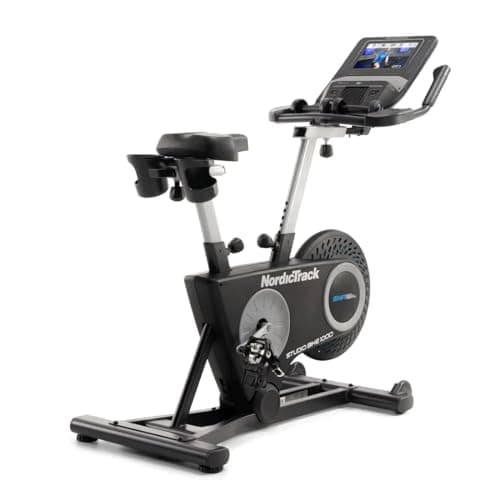 NordicTrack Studio bike 1000 Exercise Bike with 10” HD Touchscreen and 22 digital resistance levels and Two 3 lb dumbbells for home workout on indoor stationary bike, 30 Day iFIT Membership - Black
