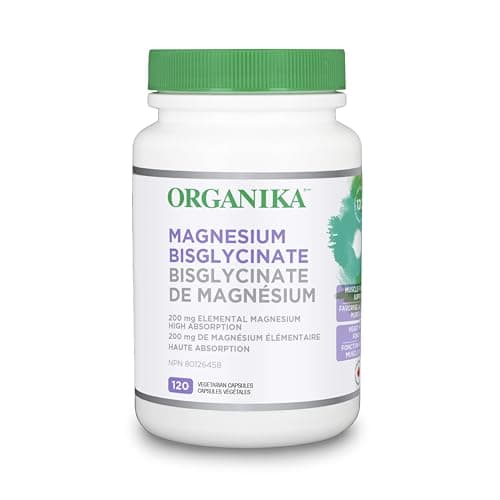 Organika Canadian-Made Magnesium Bisglycinate - 200mg, High Absorption, Muscle Recovery, Heart Support, 120vcaps