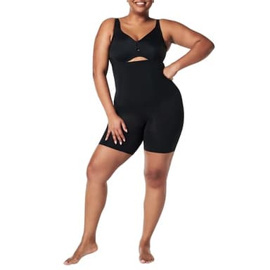 SPANX OnCore Open-Bust Mid-Thigh Bodysuit - Powerful Sculpting Body Shaper for Women, Level 3 Compression - Adjustable Straps - Very Black - Large