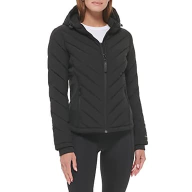 Calvin Klein Women's Scuba Side Panel and Sleeve Detail Adjustable Hood Zip Pocketspuffer, Adjustable Hood Black, Large