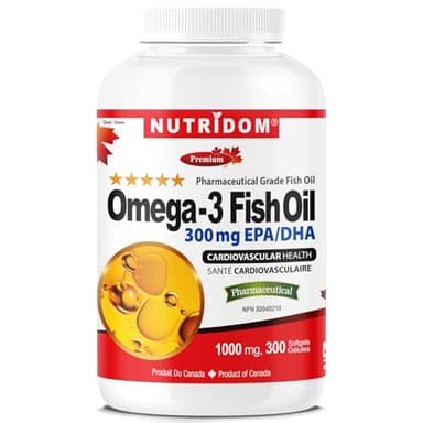 Nutridom Omega-3 Fish Oil 1000mg – 300 Softgels | High-Potency EPA 180mg & DHA 120mg | Heart, Brain, Joint & Focus Support | Non-GMO, Purified, GMP Certified