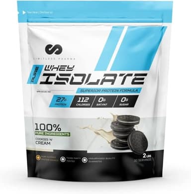 Limitless Pharma Pure Whey Isolate | High Protein Whey Isolate Powder | 27g Protein, 6g BCAAs, Sugar Free, Gluten Free, Low Carb, Low Lactose | 30 Servings, 2LB (Cookies N' Cream)