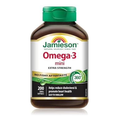 Jamieson Omega-3 Mini Softgels, No Fishy Aftertaste, Improves Heart Health, and Supports Brain Health. With 210 mg EPA and 140 mg DHA, No Burpback, Easy to Swallow, Gluten-Free, Non-GMO, 200 Count