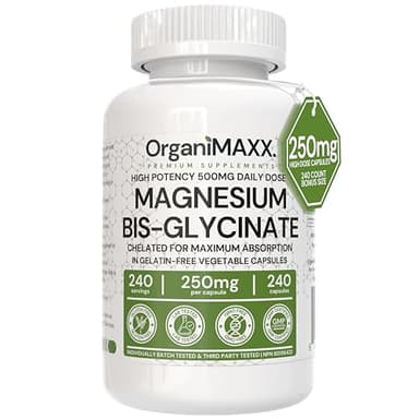 Magnesium Bis-Glycinate High Potency 500mg Daily Dose (2 x 250mg) 240 Capsules Of Chelated Magnesium Glycinate. Natural Sleep Aid, Energy Metabolism, Muscle Function, Bone & Heart Health, And Electrolyte Balance. Non-GMO Premium Magnesium Capsules, Vegan Friendly, Free of Gluten, Soy & Dairy.
