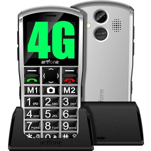 artfone 4G Volte Unlocked Cell Phones Canada, Mobile Phone for Seniors with SOS Button, 2MP Camera, 2.4" Display, Loud Volume, USB-C &Dock Charging, Talking Numbers, 1800mah Battery, Silver