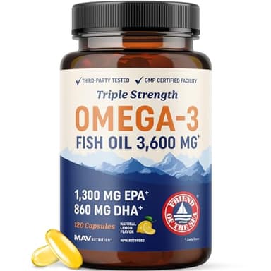 Triple Strength Omega 3 Fish Oil | 120 Softgels | 3600 mg Fish Oil | Over 2100mg of Omega-3 Fatty Acids | Heart and Cognitive Support | 1300mg EPA + 860mg DHA | Premium Wild Caught, Burpless | 120ct