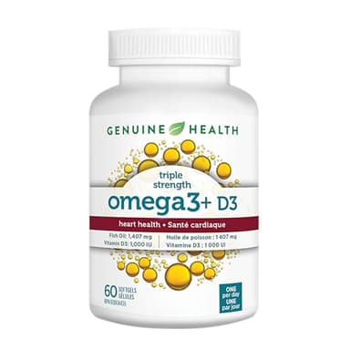 Genuine Health Omega3+ Triple-Strength + D3, 60 softgels, 540mg EPA, 270mg DHA, 1000IU Vitamin D3, Supports healthy heart and brain function, Wild-caught, Non-GMO