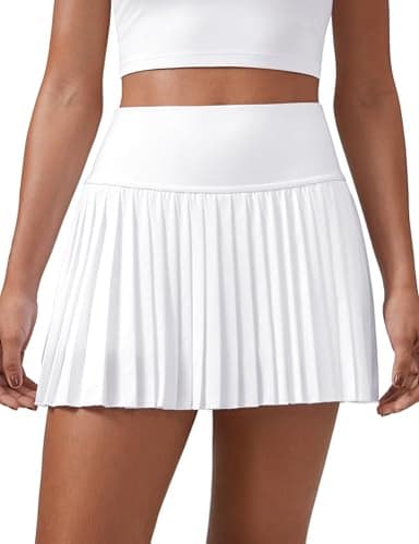 CRZ YOGA Women's High Waisted Pleated Tennis Skirts with Pockets Tummy Control Casual Liner A Line Workout Golf Skorts White Small