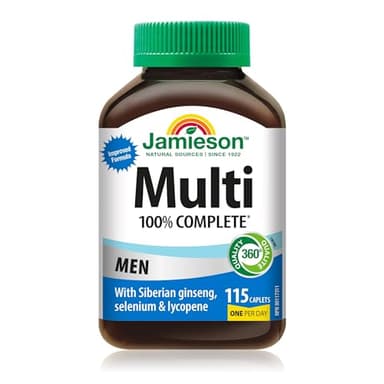 Jamieson 100% Complete Multivitamin for Men, with Siberian Ginseng, Lycopene and Selenium. Supports Eye Health, Energy, Immunity, and Everyday Health, Gluten-Free, One Per Day, 115 Caplets