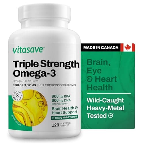 Vitasave Triple Strength Fish Oil Omega 3 Supplements – High-Potency 3000mg with 900mg EPA + 600mg DHA - Burpless Fish Oil Capsules for Heart, Brain & Joint Health - Non-GMO and Gluten-Free (120 Softgels)