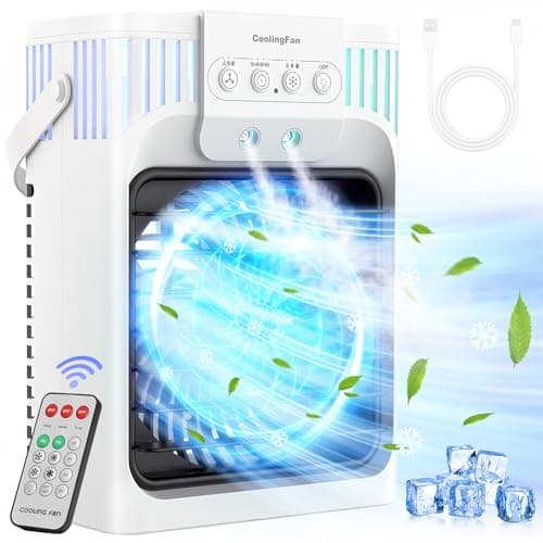FZBPI Portable Air Conditioner Cooling Fan with Remote, Quiet with 3 Speeds, 1200ml Evaporative Personal Air Cooler Fan with 3 Mist, 7 Night Light, 8H Timer, Small Air Conditioner for Bedroom Office