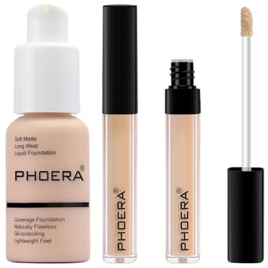 PHOERA Foundation Full Coverage,PHOERA Concealer Lightweight Full Coverage,PHOERA Makeup Long Lasting Wrinkles Matte Natural Finish for a Flawless Complexion (101 Porcelain+101#LIGHT)