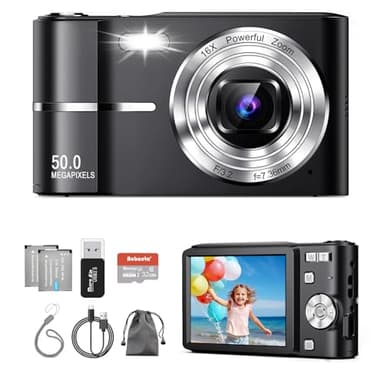 4K Digital Camera, Autofocus 50MP Vlogging Camera with 32G SD Card & 2 Large Batteries, 16X Zoom, Flash, Compact Portable Small Point and Shoot Digital Camera (Black)