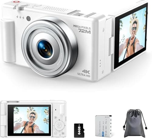 4K Digital Camera for Photography, 72MP Autofocus 2.8" 270°Flip Screen Vlogging YouTube Camera, 18X Zoom Compact Travel Cameras for Teens Beginners, 64GB Card & Battery