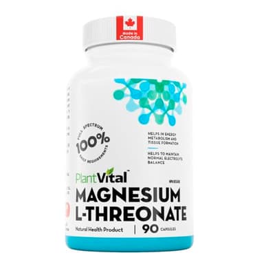 PlantVital Magnesium L-Threonate - Made in Canada - High Absorption Magnesium Supplement for Energy, Bone and Muscle Support – 90 Capsules