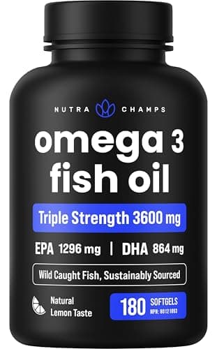 Omega 3 Fish Oil Supplements 3600mg with EPA & DHA | High Potency Omega 3 Supplement to Support Heart, Brain, Joints, Skin, Eyes & Immune Health | 180 Natural Lemon Burpless Fish Oil Capsules