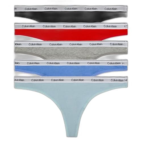Calvin Klein Women's Modern Logo Cotton Stretch Thong Panties, 5 Pack, Black/Grey Heather/Sterling Blue/Glacier/Molten, Large