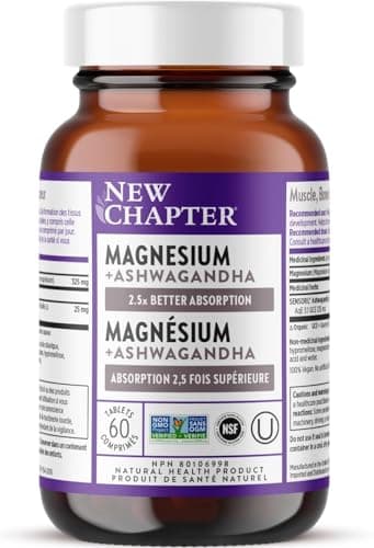 Magnesium, New Chapter Magnesium + Ashwagandha Supplement, 2.5X Absorption, Muscle Recovery, Heart & Bone Health, Calm & Relaxation, Gluten Free, Non-GMO - 60 ct