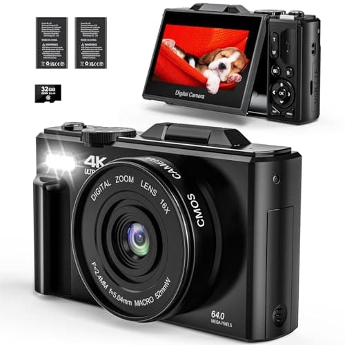 4K Digital Camera for Photography - 64MP AutoFocus Vlogging Camera for YouTube - Point and Shoot Digital Cameras 3.0'' Flip Screen 18X Zoom - Compact Video Camara with 2 Batteries and 32G SD Card
