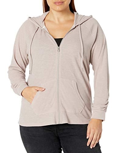 Calvin Klein Women's Premium Performance Ruched Long Sleeve Zip Up Hoodie (Standard and Plus), Evening Sand, Large