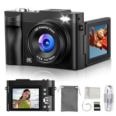 Digital Camera 4K for Photography Vlogging: 48MP Cameras for Video - 16X Zoom Photo Camera Gifts for Teens Ages 8-16 - 180°Flip Screen Compact Cámara - Point and Shoot Digital Cameras for YouTube