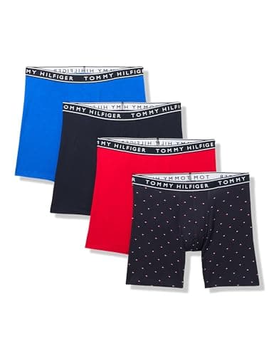 Tommy Hilfiger Men's Cotton Stretch 4-Pack Boxer Brief, Royalty, Navy Microflag Print, Primary Blue, Navy, Medium