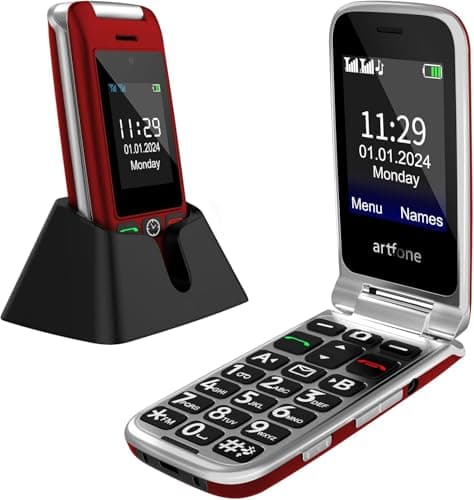 artfone G6 Red - 4G Unlocked Senior Cell Phone, Senior Flip Phone with Charging Dock for Elderly, Large Fonts, 2.4" Dual-LCD, SOS Button, Loud Speaker, 1300mAh Battery, Camera, Time Reporting