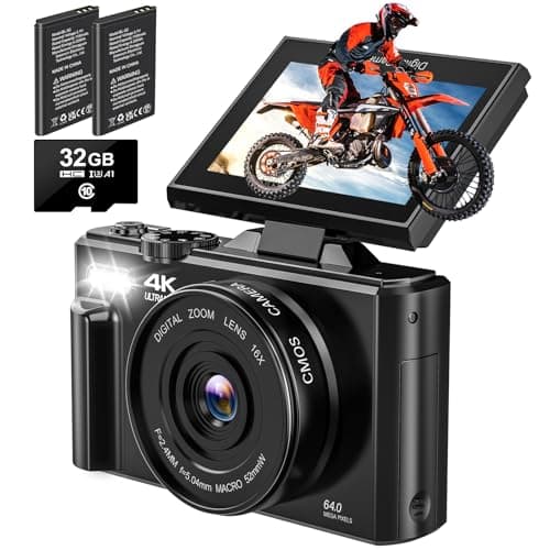 4K Digital Camera - 64MP Autofocus Vlogging Camera for YouTube - Point and Shoot Digital Cameras for Photography 3" 180° Flip Screen - Compact Video Camera with 18X Zoom, 32GB SD Card, 2 Batteries