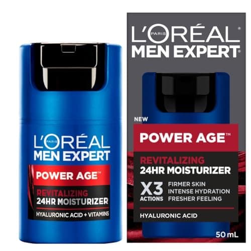 L’Oréal Paris Men Expert 24 HR Hydrating Moisturizer for Men with Hyaluronic Acid and Vitamins, Fights Signs of Aging, Power Age, Packaging May Vary, 50 mL