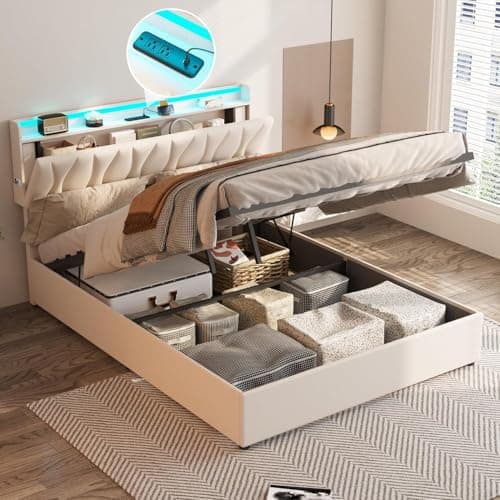 Drefure Bed Frame Full Size with Storage, Lift Up Bed Frame with Adjustable Headboard, Charging Station, LED Lights, Wood Slats, Noise-Free, No Box Spring Needed, Beige
