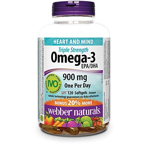 Webber Naturals Omega-3 900 mg Triple Strength, 120 Clear Enteric No Fishy Aftertaste Softgels, Supports Cardiovascular Health and Brain Function