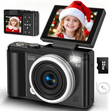 4K Digital Camera, 64MP Autofocus Vlogging Camera for YouTube with 180° Flip Screen and Macro Lens, 16X Zoom Photography Camera with 32GB SD Card for Kids, Teens and Beginners Boys Girls