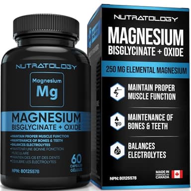 Magnesium Bisglycinate + Oxide - Relaxes Muscles, Improves Sleep Quality, Maintains Proper Muscle Functions, Balances Electrolyte Levels, Enhances Bone Density - 60 Capsules - 250MG Per Capsule