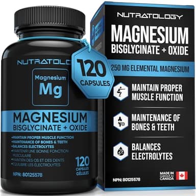Nutratology Magnesium Bisglycinate + Oxide - Relaxes Muscles, Improves Sleep Quality, Maintains Proper Muscle Functions, Balances Electrolyte Levels, Enhances Bone Density - 120 Capsules - 250MG/Cap