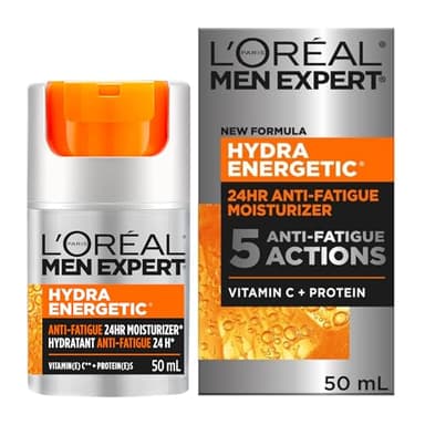 L’Oréal Paris Men Expert Anti Fatigue Daily Moisturizer for Men with Vitamin C & Protein, 24HR Non Greasy Hydration, For Dry and Dull Skin, Reduces look of fine lines & dark circles, Hydra Energetic, 50ml