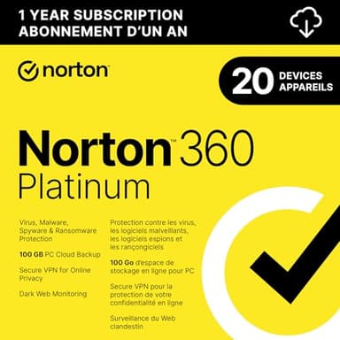 Norton 360 Platinum 2025, Antivirus software for 20 Devices, 1-Year Subscription - Includes VPN, Dark Web Monitoring and PC Cloud Backup [Download]