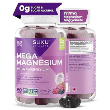 SUKU Vitamins Sugar-Free and Sugar Alcohol Free Natural Calm Magnesium Gummies for Adults | 177mg Magnesium Bisglycinate Gummy | Chewable Magnesium for Sleep & Anxiety | Vegan & Non-GMO | 60 Count