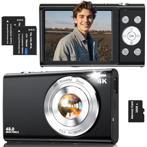 Digital Camera,4K Autofocus Point and Shoot Digital Camera with 32GB Card,48MP Portable Compact Camera Photography for Teens Adult Beginner with 16X Zoom,Anti-Shake,2 Batteries(Black)