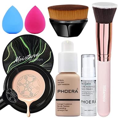 PHOERA Foundation,Mushroom Head Air Cushion CC Cream Natural Foundation,PHOERA Makeup Foundation for Women Full Coverage,PHOERA Primer,Foundation Brush (101+01CC/Porcelain+Ivory CC)